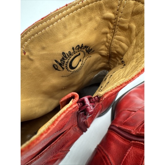 Women's Lucchese Charlie 1 Horse Red Ankle Boots Snip Toe Cowboy Zip Sz 9b - Picture 6 of 10